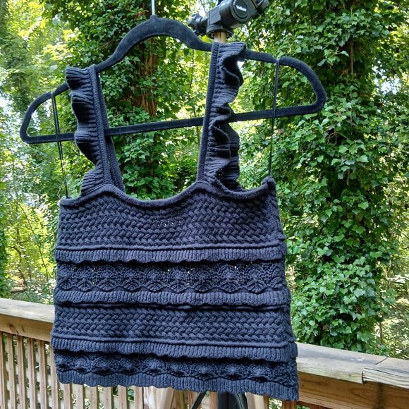 By Together 'Ruffle Tank'  Black Crochet Artsy Textured Semi Stretch Knit Sz S - Picture 3 of 9
